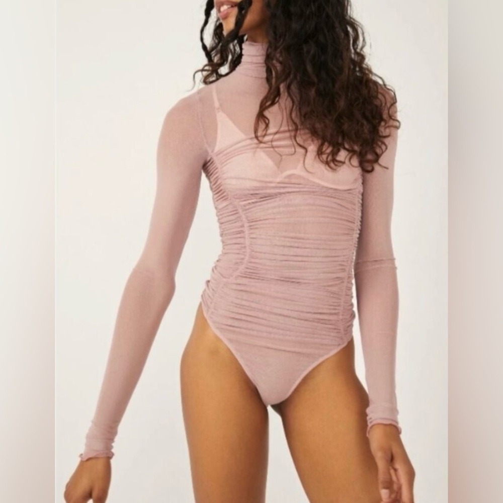 NWT Free People Intimately Under It All Bodysuit Pink Blush Sz XS Mesh Sheer